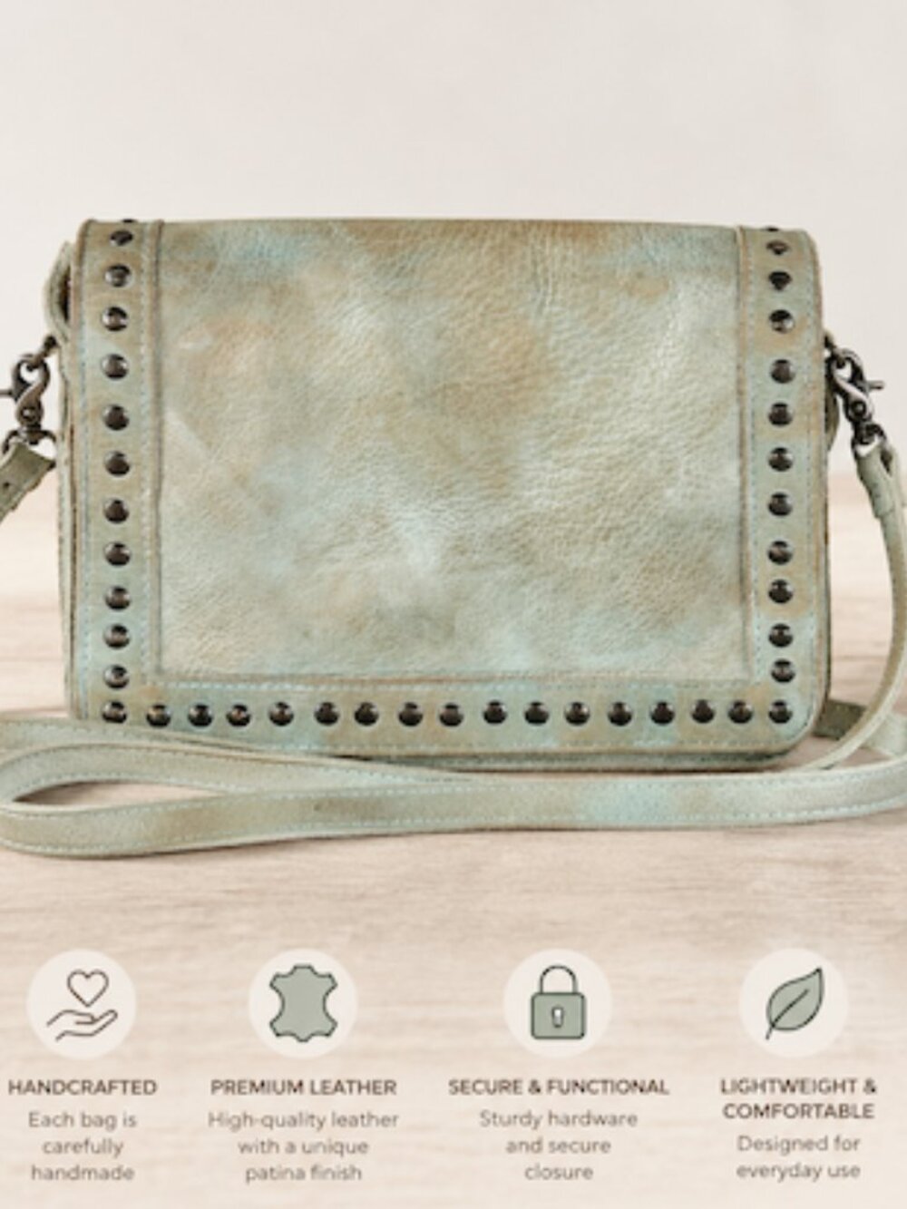 Handcrafted Leather Stud-Trim Crossbody Bag in Patina Green